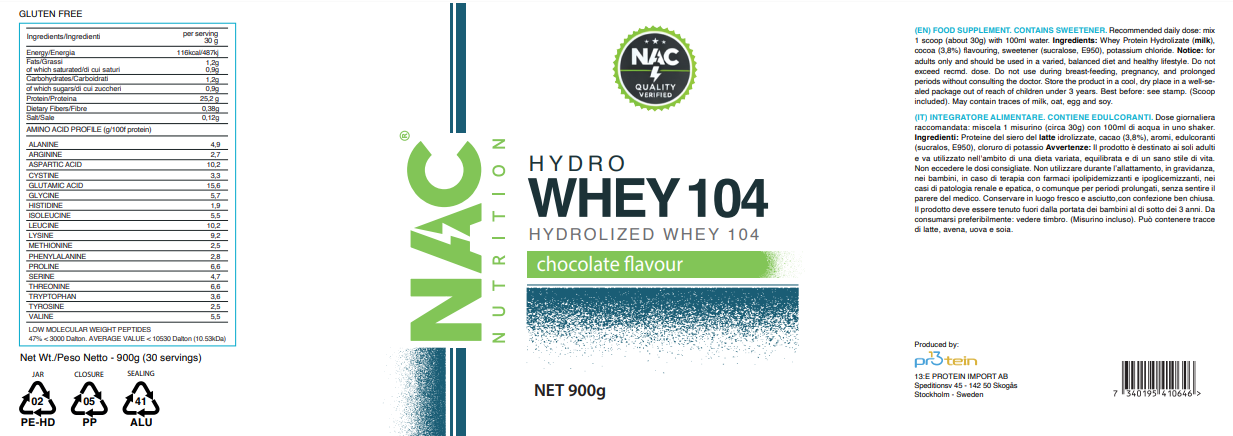 NAC Nutrition Hydro Whey 104 Protein 900 grammi + Shaker omaggio