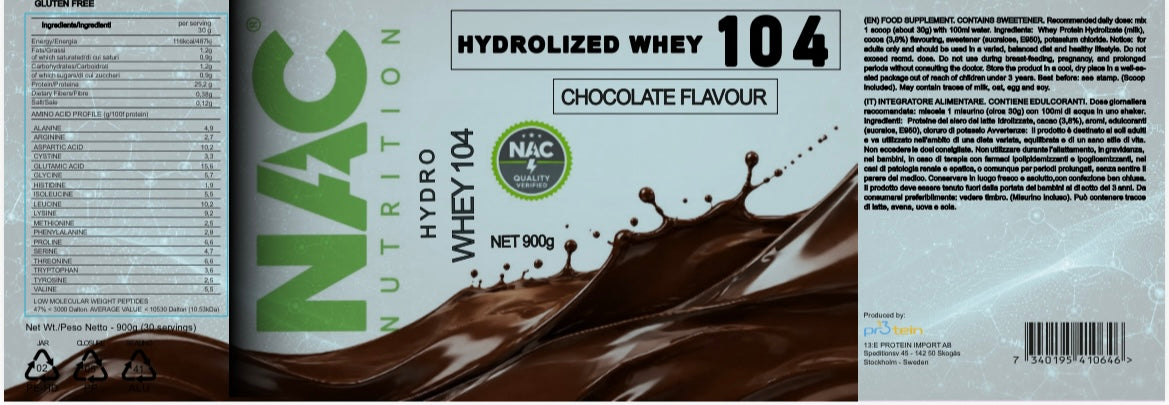 NAC Nutrition Hydro Whey 104 Protein 900 grammi + Shaker omaggio