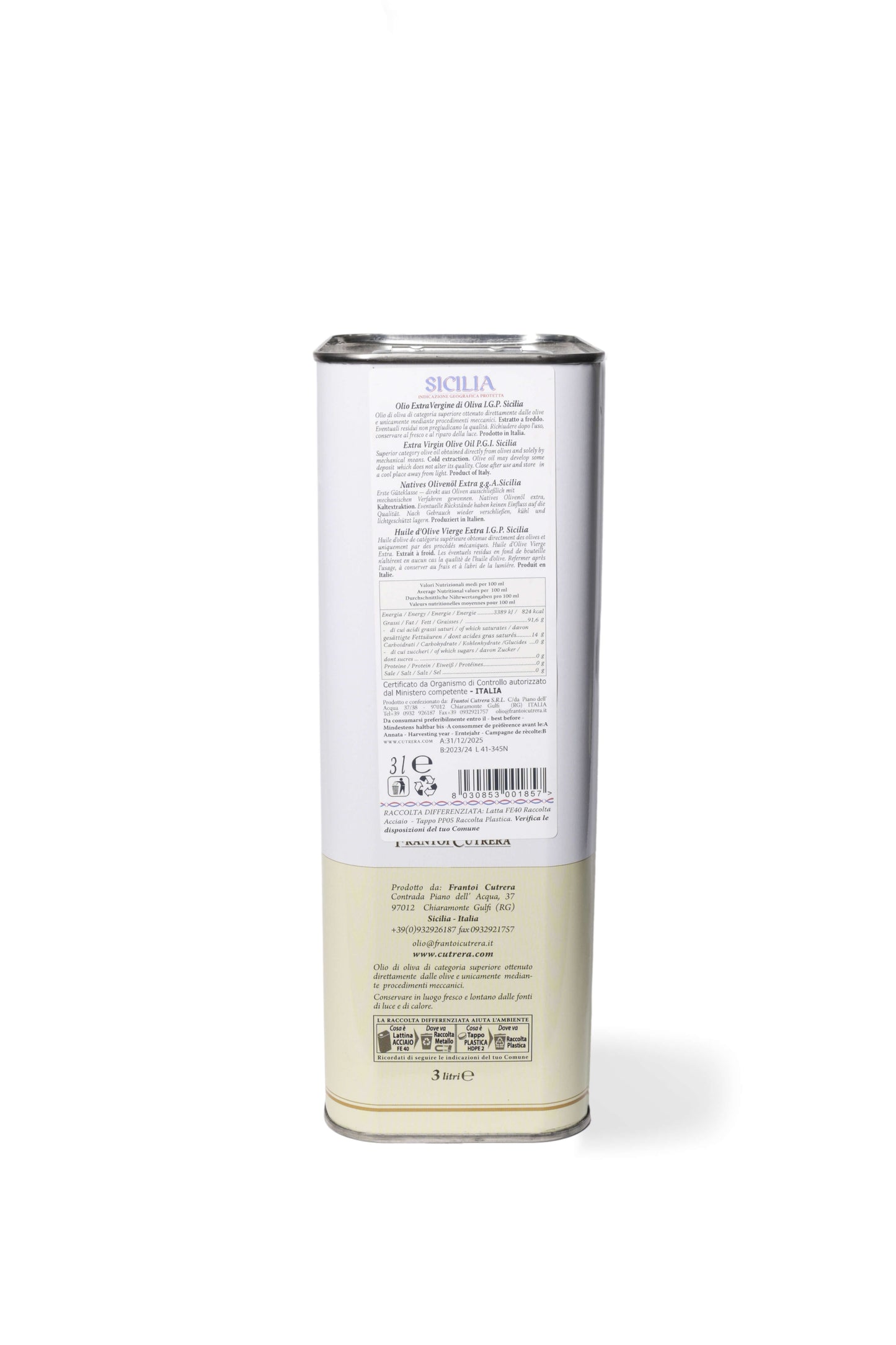 Cutrera IGP Sicilia - Olio Extravergine di Oliva Siciliano - Latta